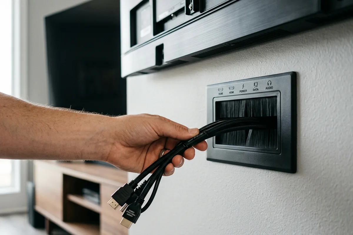 Close-up of HDMI and power cables being routed into an in-wall cable management plate