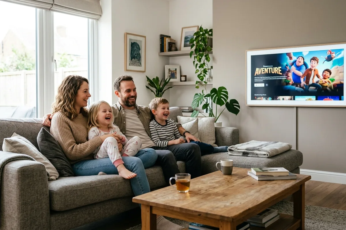Happy family relaxing on a sofa watching their newly wall-mounted TV