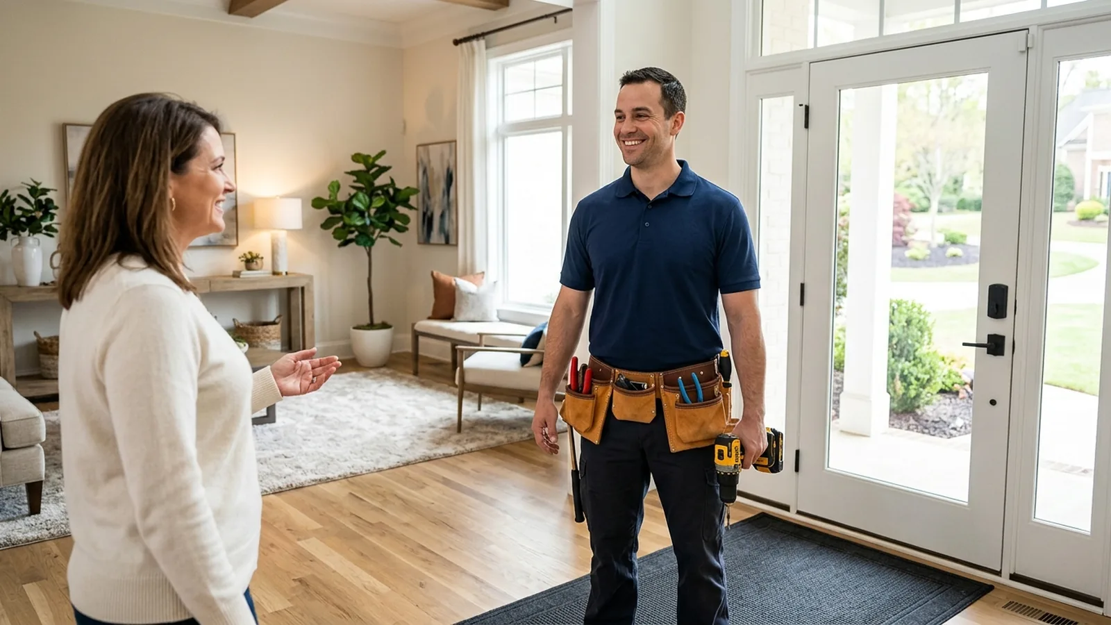 Professional handyman in Alpharetta GA arriving at a client's home with a tool belt and drill