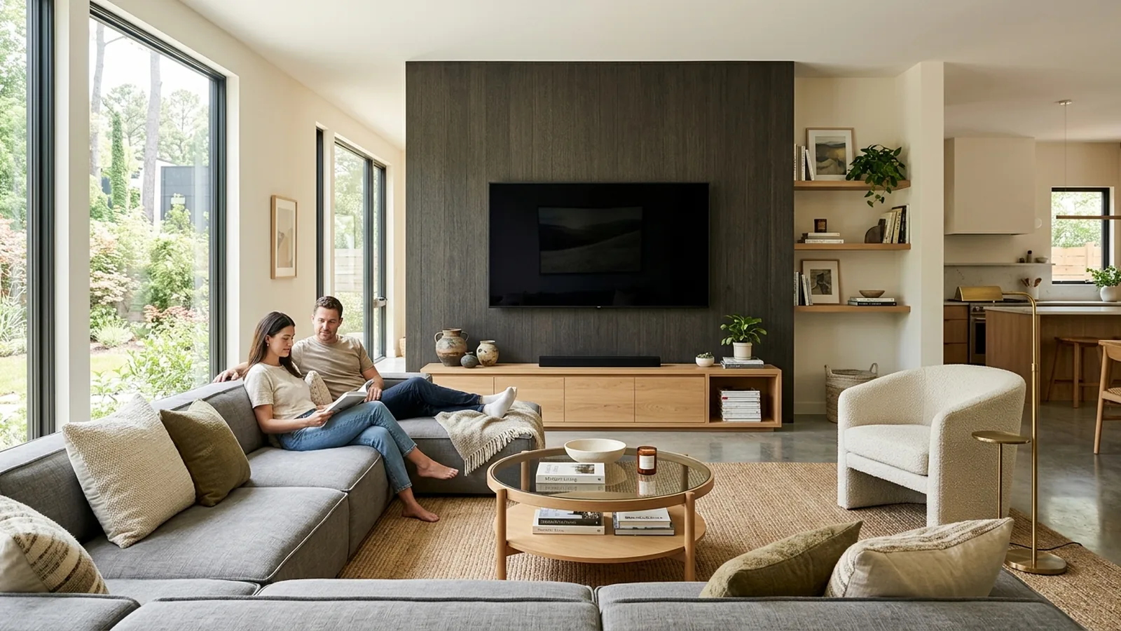 Modern Georgia living room with a large flat-screen TV mounted perfectly on a feature wall