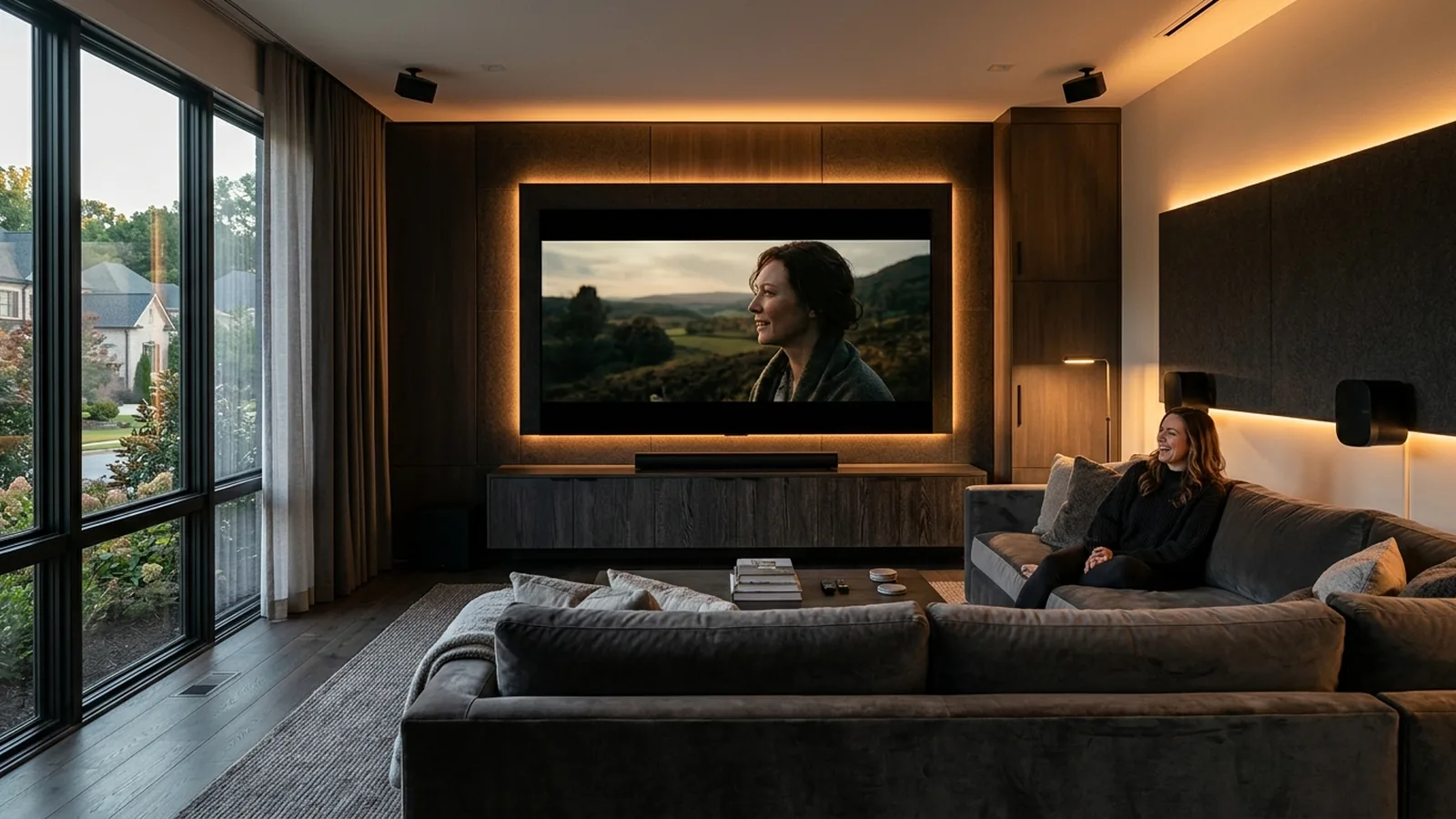 Premium home theater setup with wall-mounted TV, surround speakers, and ambient lighting in a modern Alpharetta home