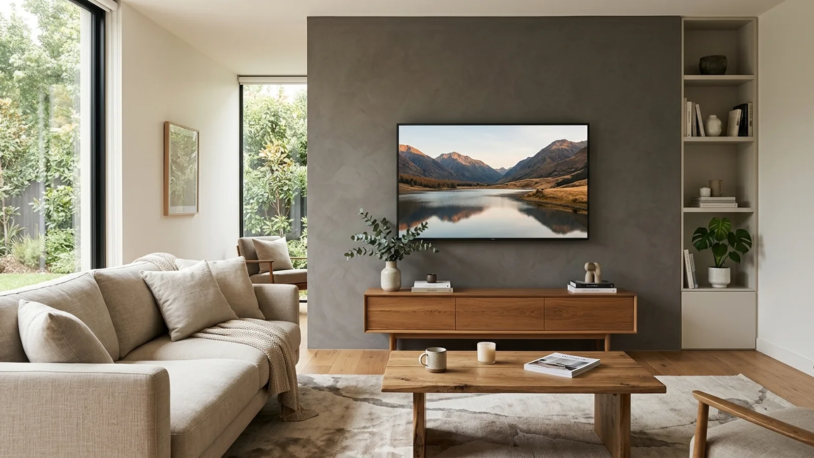 Perfectly proportioned wall-mounted flat-screen TV in a modern living room with sofa and coffee table