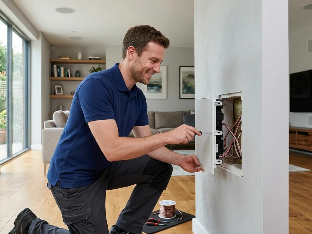 Discreet in-wall speakers professionally installed in a modern North Atlanta living room